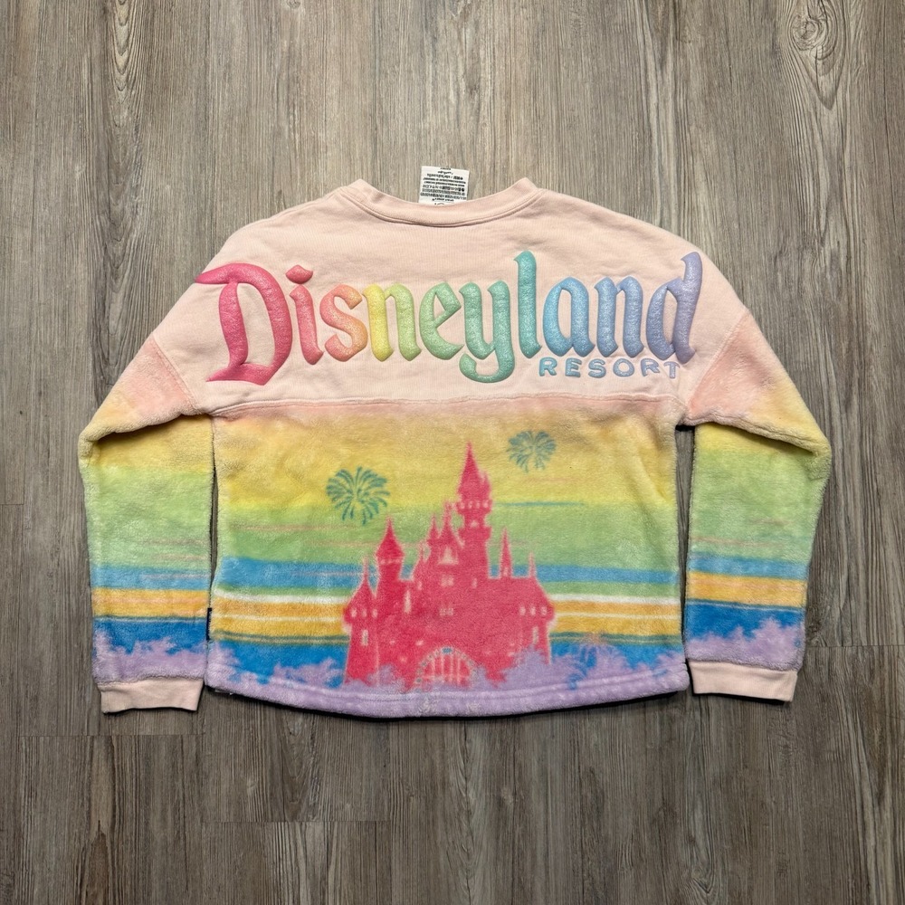Disney Parks Kids Large Disneyland Castle Rainbow Glitter Fuzzy Spirit Jersey